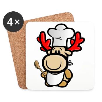 Reindeer Elmondo as a cook with a chef's apron - Coasters (set of 4) - white - Front
