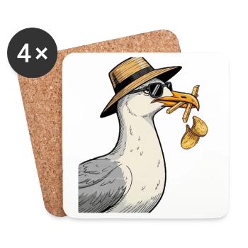 Cartoon seagull with summer hat - Coasters (set of 4) - white - Front