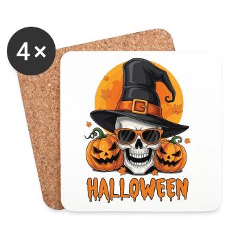 Squelette avec chapeau de sorcière et citrouilles - Dessous de verre (lot de 4) - blanc - Devant