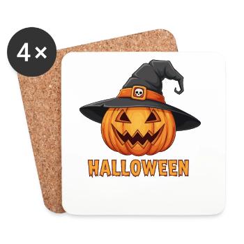 Gruselige Halloween Kürbislaterne mit Hexenhut - Untersetzer (4er-Set) - Weiß - Vorne