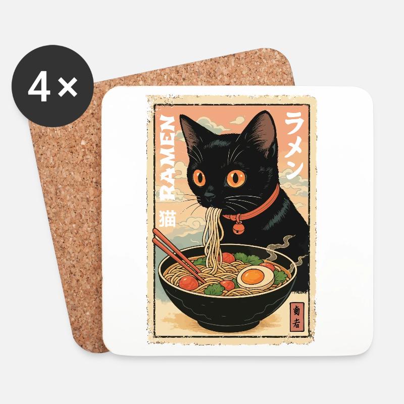 Kawaii Katze Ramen Illustration - Untersetzer (4er-Set) - Weiß