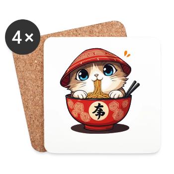 Chaton Japonais Mangeur de Ramen - Dessous de verre (lot de 4) - blanc - Devant