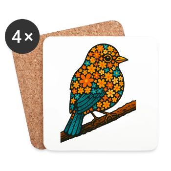 Blumenvogelillustration, Liebesvögel und Natur - Untersetzer (4er-Set) - Weiß - Vorne