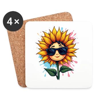 Tournesol jaune ensoleillé avec des lunettes de soleil - Dessous de verre (lot de 4) - blanc - Devant