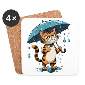Chaton avec parapluie sous la pluie - Dessous de verre (lot de 4) - blanc - Devant