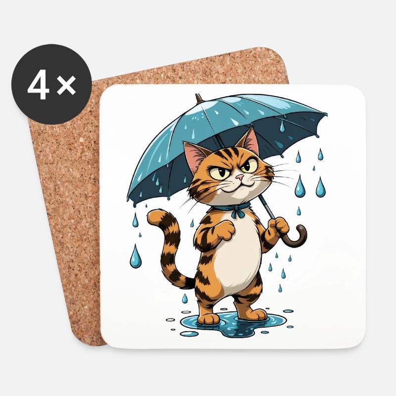 Kätzchen mit Regenschirm im Regen - Untersetzer (4er-Set) - Weiß