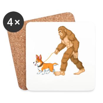 Bigfoot promenant un corgi - Conception amusante de chien cryptide - Dessous de verre (lot de 4) - blanc - Devant