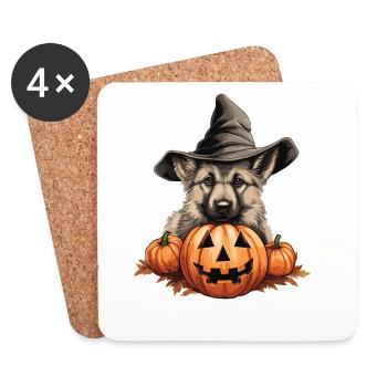 Halloween Chapeau de sorcière Citrouille Chien Allemand - Dessous de verre (lot de 4) - blanc - Devant