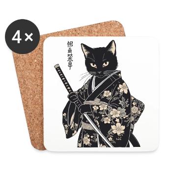 Samurai Cat – Modern Japanese Style - Coasters (set of 4) - white - Front