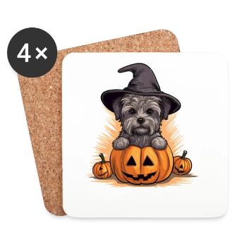 Halloween chapeau de sorcière citrouille chien Yorkshire terrier - Dessous de verre (lot de 4) - blanc - Devant