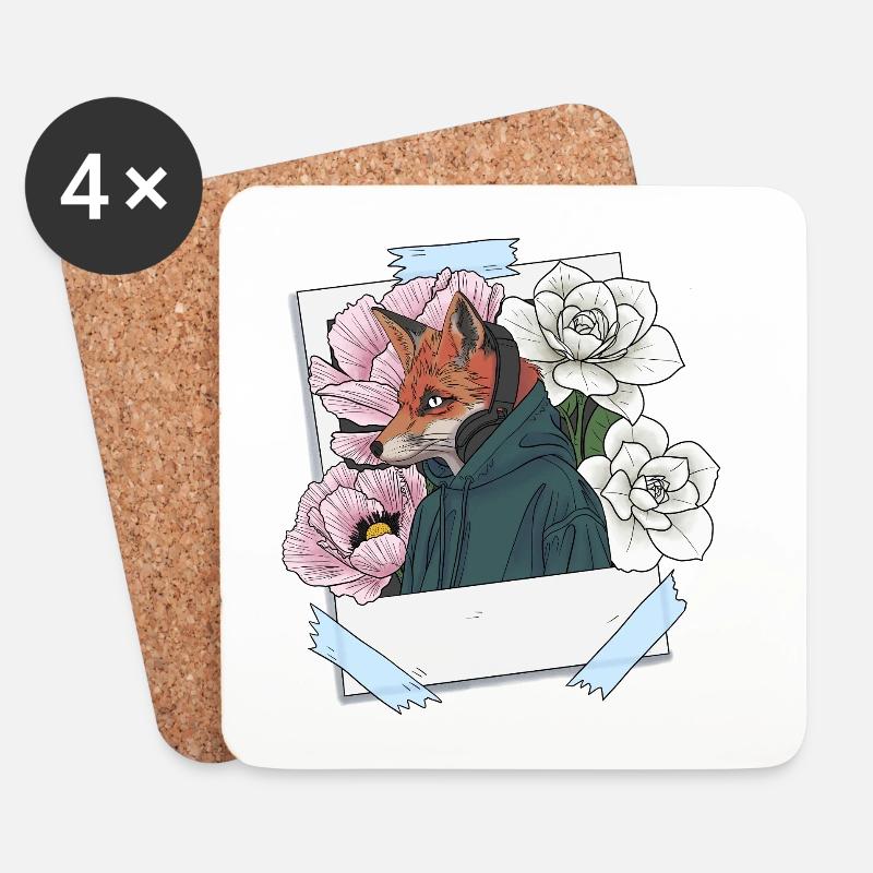 Fuchs mit Kopfhörern und Blumenthema - Untersetzer (4er-Set) - Weiß