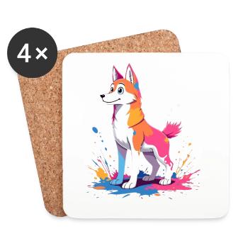 Bunter Kreativ-Hund mit Farbklecksen - Untersetzer (4er-Set) - Weiß - Vorne