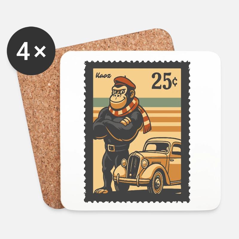 Vintage Affe Auto Porto Illustration - Untersetzer (4er-Set) - Weiß