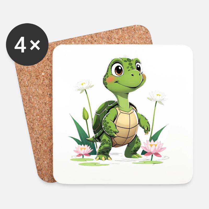 Charmantes Schildkröten-Design mit Blumen - Untersetzer (4er-Set) - Weiß