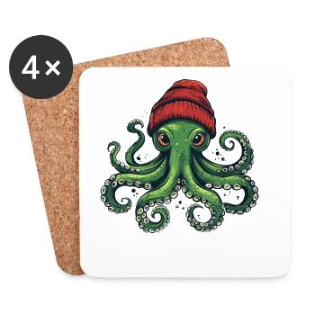 Pieuvre au chapeau rouge - Dessous de verre (lot de 4) - blanc - Devant
