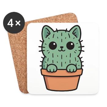 Cute Cactus Kitten Design - Coasters (set of 4) - white - Front