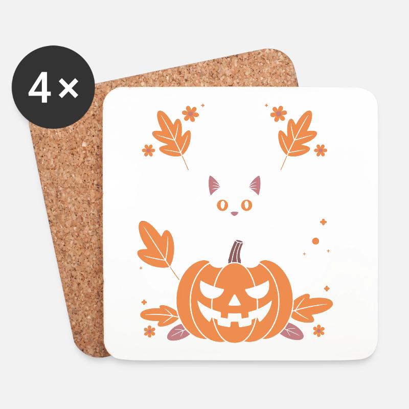 Spøgelsesgræskarkat Sød Halloween Efterår - Glasbrikker (sæt med 4 stk.) - hvid