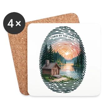 Outdoor Camping T-Shirt Lake Hut Nature Motif - Coasters (set of 4) - white - Front
