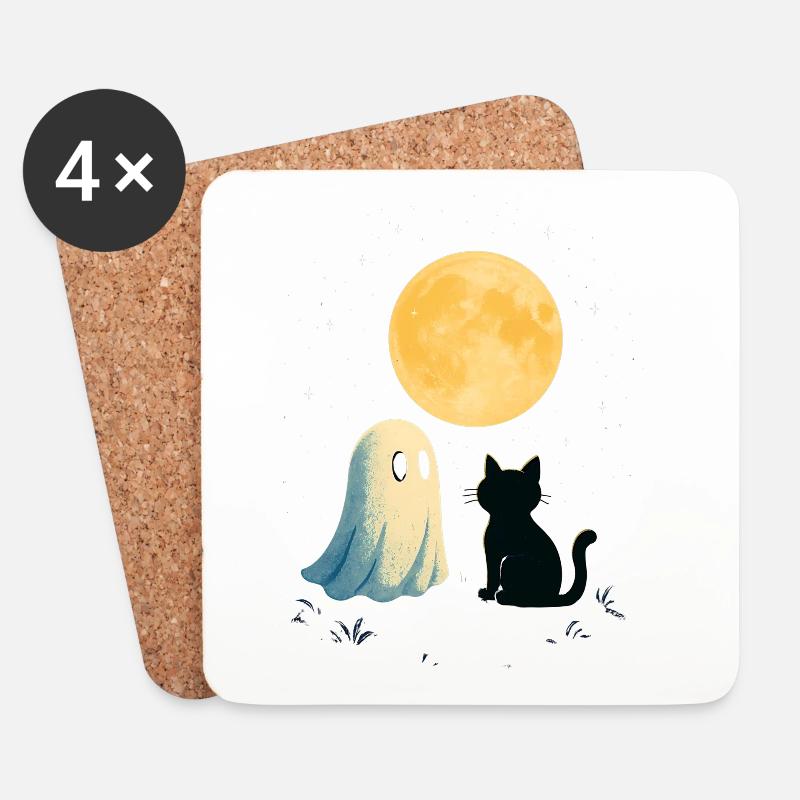 Gespenst trifft Katze unter Vollmond - Untersetzer (4er-Set) - Weiß