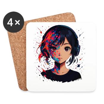 Farbsplitter Anime Porträt mit Kopfhörer - Untersetzer (4er-Set) - Weiß - Vorne