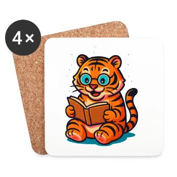 Verspielter Tiger mit Brille und Buch - Untersetzer (4er-Set) - Weiß - Vorne
