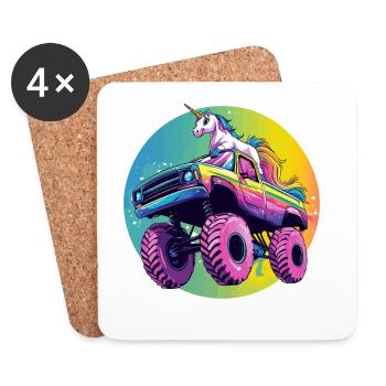 Bunter Rainbow Monster Truck mit Einhorn - Untersetzer (4er-Set) - Weiß - Vorne