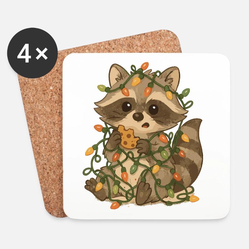 Weihnachts Waschbär mit Lichterkette - Untersetzer (4er-Set) - Weiß
