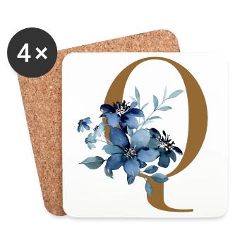 Floral Q – Lettre dorée avec des fleurs - Dessous de verre (lot de 4) - blanc - Devant