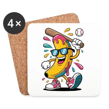 Cartoon Banana Playing Baseball - Coasters (set of 4) - white - Front
