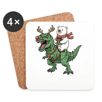 Ours polaire chevauche T-Rex Drôle Dinosaure de Noël - Dessous de verre (lot de 4) - blanc - Devant