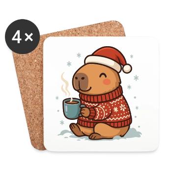 ✨ Cozy Capybara mit Kakao & Weihnachtsmütze - Untersetzer (4er-Set) - Weiß - Vorne