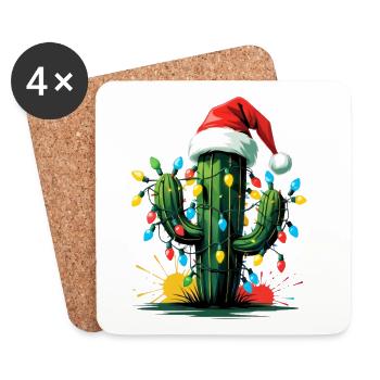 Cactus avec guirlandes lumineuses et chapeau de Père Noël - Dessous de verre (lot de 4) - blanc - Devant