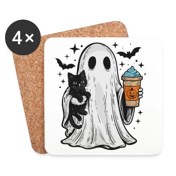 Halloween Ghost with Cat and Coffee - Coasters (set of 4) - white - Front