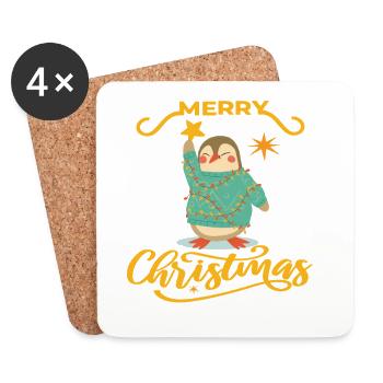 Un pingouin élève un poinsettia – Joyeux Noël - Dessous de verre (lot de 4) - blanc - Devant