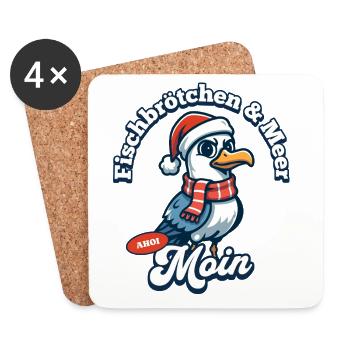 Fischbrötchen & Meer Möwe mit Weihnachtsmütze - Untersetzer (4er-Set) - Weiß - Vorne