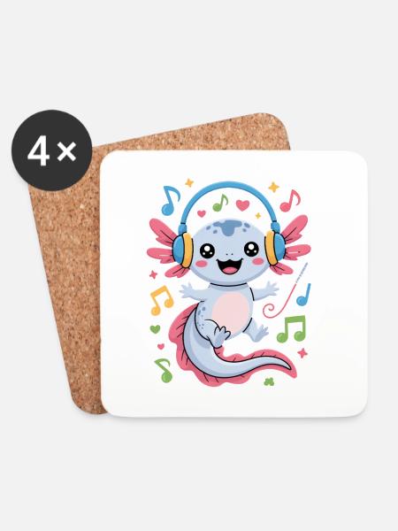 Kawaii Axolotl Mit Kopfhörern Und Musiknoten - Untersetzer (4er-Set) - Weiß