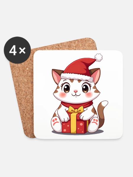 Süße Katze Weihnachten mit Präsent - Untersetzer (4er-Set) - Weiß