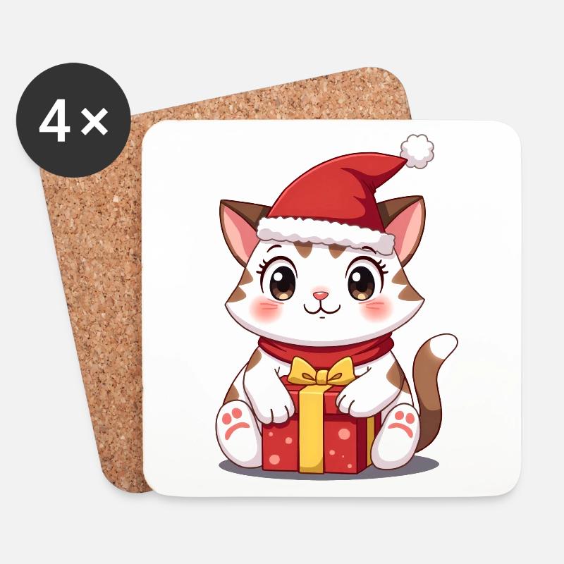 Süße Katze Weihnachten mit Präsent - Untersetzer (4er-Set) - Weiß
