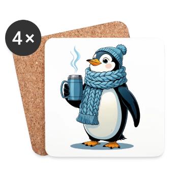 Kuschelpinguin mit blauem Schal - Untersetzer (4er-Set) - Weiß - Vorne