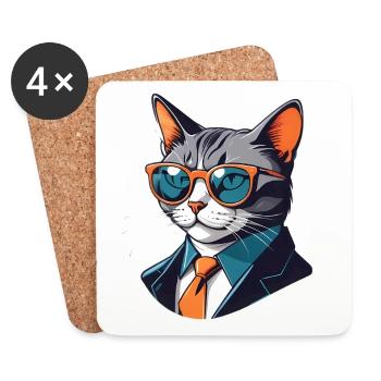 Chat d’affaires avec des lunettes de soleil en costume - Dessous de verre (lot de 4) - blanc - Devant