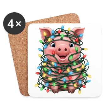 Putzig Schwein Weihnachten Lichterkette Tollpatsch - Untersetzer (4er-Set) - Weiß - Vorne