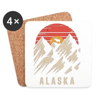 T-shirt rétro Alaska – Montagnes et orignal - Dessous de verre (lot de 4) - blanc - Devant