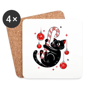 Jolly Black Cat with Candy Cane - süße Urlaubskatze - Untersetzer (4er-Set) - Weiß - Vorne