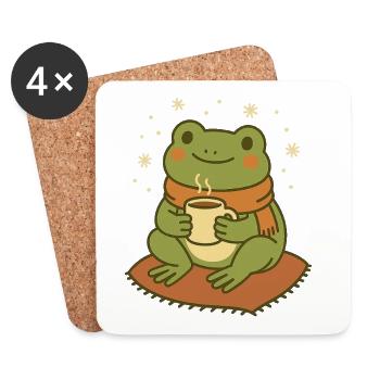 Winter Frog with Scarf and Tea – Cozy Frog - Coasters (set of 4) - white - Front