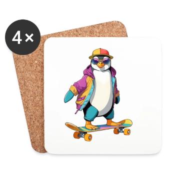 Pingouin Skateboard Look Neon - Dessous de verre (lot de 4) - blanc - Devant