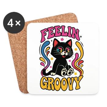Feelin Groovy funny black Cat Katze Cartoon - Untersetzer (4er-Set) - Weiß - Vorne