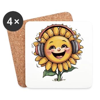 Fröhliche Sonnenblume mit Kopfhörern Smile & Shine - Untersetzer (4er-Set) - Weiß - Vorne