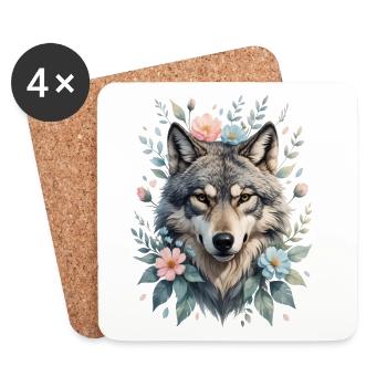 Wolfskopf mit Blumenkranz - Untersetzer (4er-Set) - Weiß - Vorne