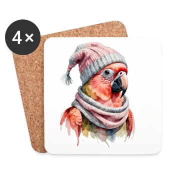 Winter Parrot with Wool Hat and Scarf - Coasters (set of 4) - white - Front