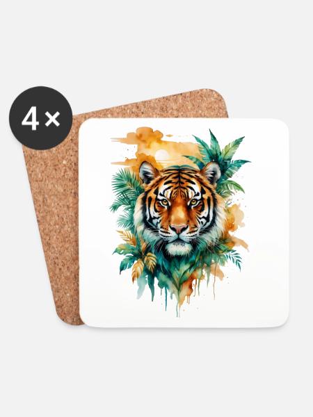 Wasserfarbener Tiger im Dschungel - Untersetzer (4er-Set) - Weiß